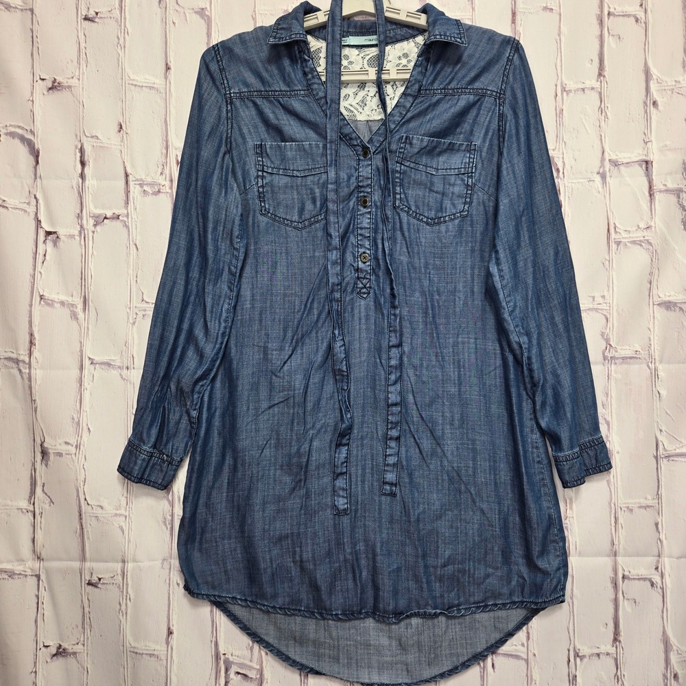 Maurices Womens Blue Lyocell Denim‎ Tunic Dress Lace Back Tie Waist Size Small